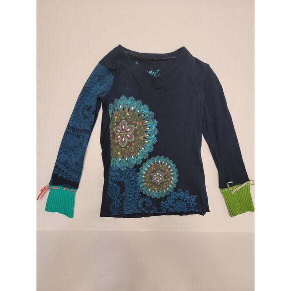 Desigual Sweatshirt Top Womens Small Embroidered Embellished Artsy Bohemian - Picture 1 of 9